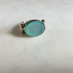 Aqua Chalcedony Faceted Stone Ring With Silver Band & Brass Accents